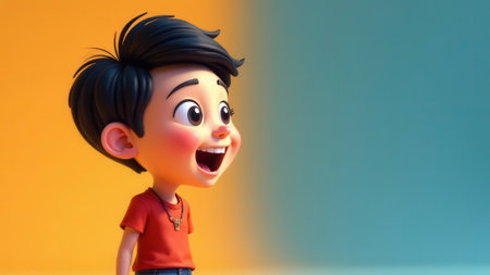 A joyful young boy with short black hair is smiling widely, showing his excitement and happiness. The vibrant background features a blend of warm and cool colors, enhancing the cheerful atmosphereの素材