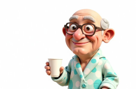 Cartoon-style elderly man with glasses and gray hair is happily holding a cup while wearing polka dot pajamas, showcasing a warm and friendly atmosphere in a playful illustrationの素材