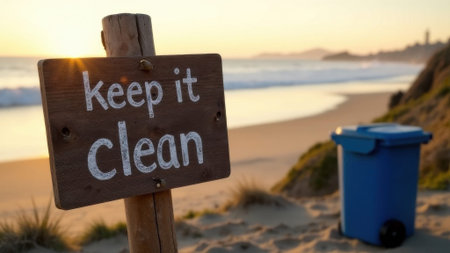 Wooden sign stating "keep it clean" stands on sandy beach, with a blue trash bin nearby. The sun sets over the ocean, creating a peaceful atmosphere and highlighting environmental awarenessの素材