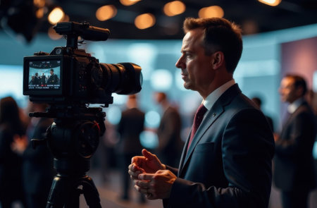 Businessman in a tailored suit is focused on operating a camera at a corporate event, capturing moments with a blurred crowd in the background, showcasing professionalism and engagementの素材