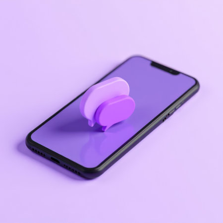 A smartphone mock up featuring a vibrant purple background, showcasing colorful design elements on the screen, creating a modern and stylish visual appeal for digital projectsの素材