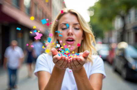 Blonde woman joyfully releasing vibrant confetti from her hands in a lively urban street, surrounded by blurred figures and vehicles, capturing a festive and celebratory atmosphereの素材