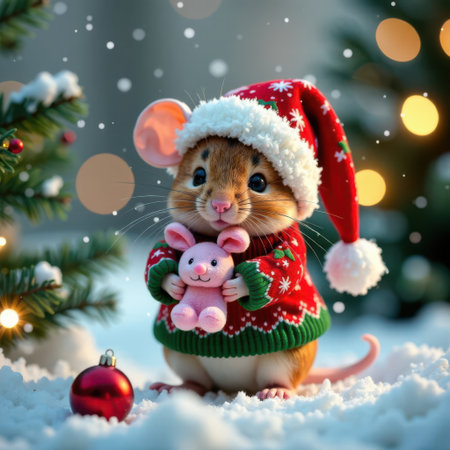 Adorable mouse dressed in a red and green festive sweater and hat, holding a pink toy, surrounded by snow and Christmas decorations, creating a joyful winter atmosphereの素材