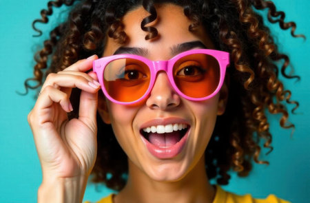 A joyful woman with curly hair is playfully holding pink sunglasses, showcasing her bright smile against a vibrant turquoise background, radiating a fun and cheerful atmosphereの素材