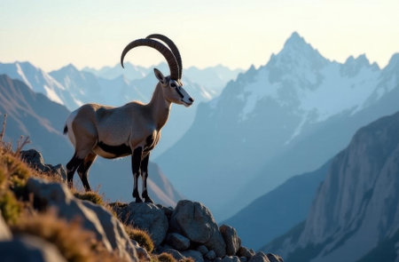 A mountain goat with impressive curved horns stands proudly on a rocky ledge, overlooking a breathtaking mountainous landscape, showing the beauty of nature and wildlife in harmonyの素材