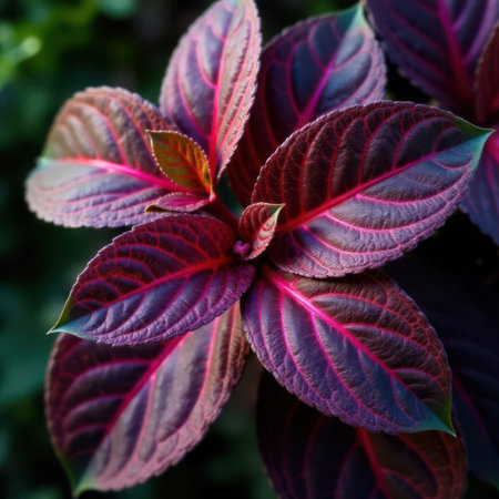Close-up view of lush, vibrant leaves showcasing rich purple and green hues, featuring intricate textures and patterns, creating a striking visual display of natural beauty and detailの素材