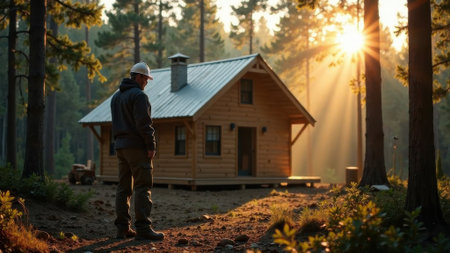 A man wearing a hard hat stands thoughtfully near a wooden cabin surrounded by tall trees, illuminated by warm sunlight filtering through the forest, creating a serene atmosphereの素材