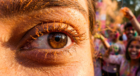 Close-up view of an individuals eye, adorned with colorful powders, capturing the essence of Holi celebration, surrounded by a lively atmosphere filled with laughter and joyの素材