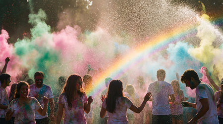 A lively Holi celebration participants features joyfully throwing vibrant colored powders, creating a festive atmosphere filled with laughter and excitement, surrounded by a rainbow in the backgroundの素材