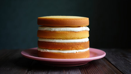 A beautifully arranged layered cake with cream filling sits on a pink plate, showing its soft textures and vibrant colors, set against a dark background that enhances its visual appealの素材