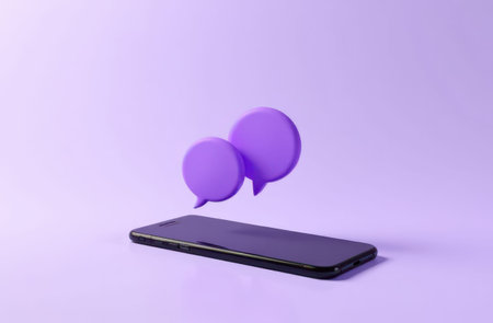 A smartphone mock up is displayed with two floating speech bubbles above it, set against a vibrant purple background, creating a modern and engaging visual for communication themesの素材
