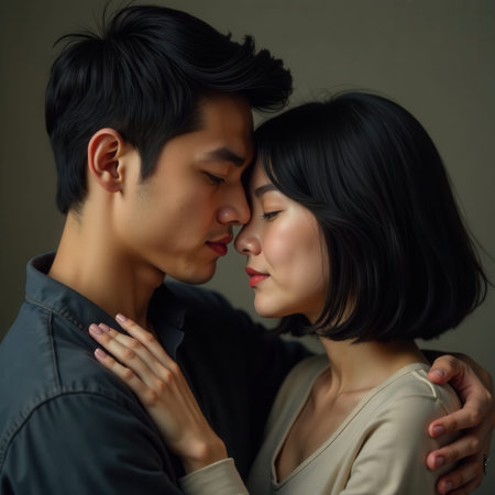 Asian man and woman share a tender embrace, their foreheads touching, surrounded by soft lighting that enhances the intimate atmosphere, capturing a moment of love and connectionの素材