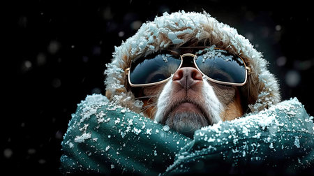 A stylish dog is bundled in a warm coat, wearing sunglasses, surrounded by falling snowflakes, showcasing a playful winter atmosphere and the joy of the seasonの素材