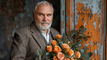 Senior man with gray hair and beard is holding a bouquet of orange roses, standing in a rustic environment with peeling paint, showcasing warmth and elegance in a charming atmosphereの素材