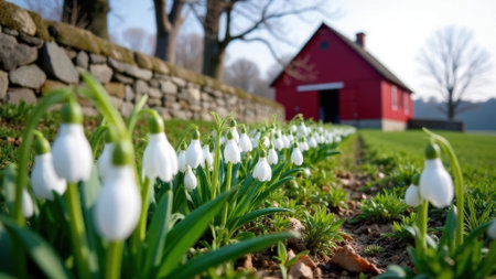 Delicate snowdrop flowers with white petals are blooming in a lush green garden, creating a beautiful contrast against a rustic red barn and stone wall in the background, evoking springtime beautyの素材