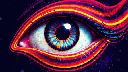 Abstract illustration of a human eye featuring vibrant colors and swirling patterns around it, creating a visually striking effect against a dark background that enhances the eye's detailsの素材