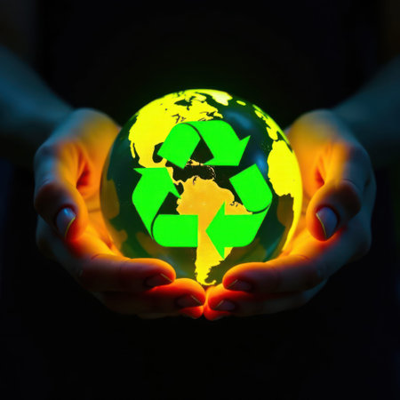 Two hands cradle a glowing globe featuring a prominent recycling symbol, with continents illuminated in green against a dark background, emphasizing environmental awareness and sustainabilityの素材