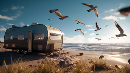 Camper trailer on the beach with seagulls flying around. AI Illustration.の素材