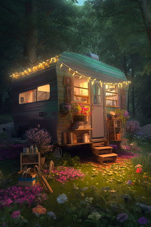 Whimsical Forest Retreat in a Mini-Caravan Library. AI Illustration.の素材