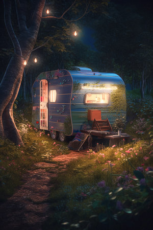 Mini-Caravan Library in the Woods. Generative AI.の素材