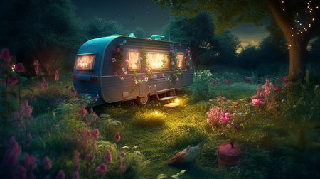 Nighttime Enchantment - A Woodland Caravan Escape. Generative AI.の素材