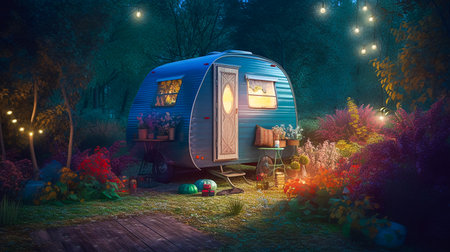 Cozy Campsite - Mini-Caravan in a Magical Forest. Generative AI.の素材