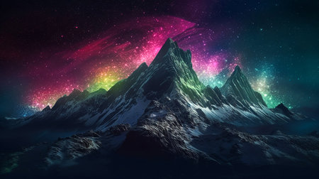Fantasy landscape with mountains and aurora borealis. Generative AI.の素材