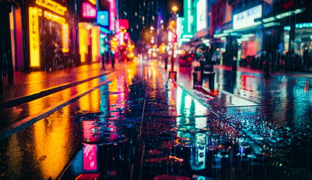 Neon Rain, The Glowing City Night.  Generative AI.の素材
