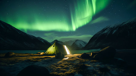 Stunning Aurora Skies and a Relaxing Camping. Generative AI.の素材