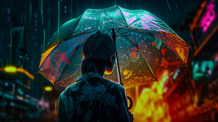 Rainy Night Companion. A Girl and her Umbrella. Generative AI.の素材