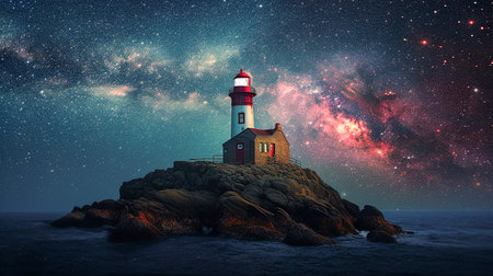 A Lighthouse Under The Milky Way In a Tiny Rocky Island. Generative AI.の素材