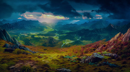 Landscape of mountains during a rainstorm. Generative AI.の素材