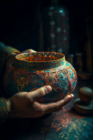 Hands Holding a Vibrant Aqua-Cyan Colored Detailed Pottery. Generative AIの素材