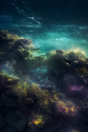 Surreal Shores - The Enchantment of a Bioluminescent Beach. Generative AI.の素材