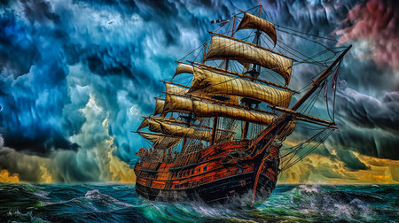 Pirate ship navigating through a thunderstorm at sea V2. Generative AI.の素材