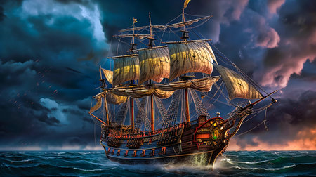 Pirate ship navigating through a thunderstorm at sea V3. Generative AI.の素材