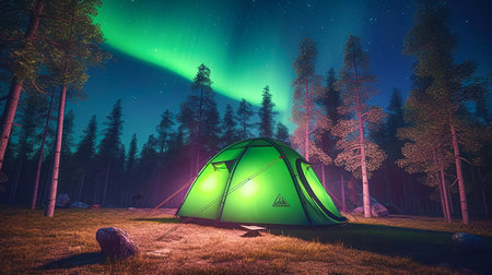 Aurora Nights, A Cozy Campsite Experience. Generative AI.の素材