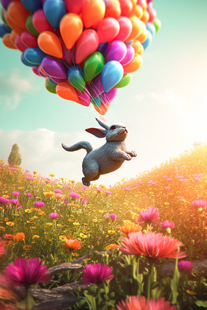 Bunny Takes Flight with Balloons. Generative AI.の素材