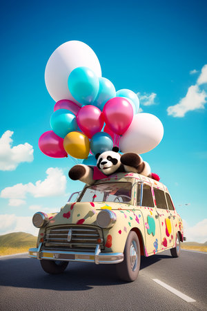 Balloons and Joyrides with a Fluffy Cute Panda. Generative AI.の素材