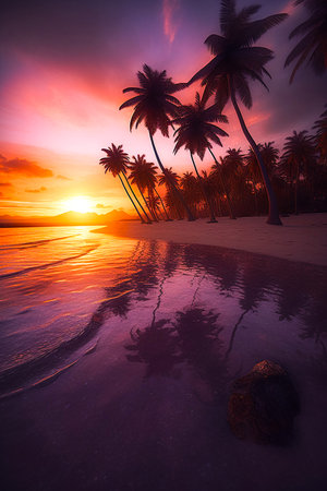 Paradise at Dusk, A Tropical Beachscape. Generative AI.の素材