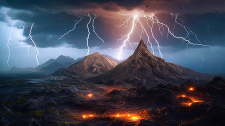 Electric Inferno, A Volcanic Lightning Display. Generative AI.の素材
