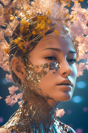 Cybernetic Spring, A Futuristic Woman with Glass Skin and Pastel Flowers. Generative AI.の素材