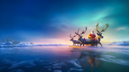Frozen Lake Joyride, Santa and His Reindeer. Generative AI.の素材
