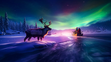 Aurora Borealis Joyride - Santa and His Reindeer. Generative AI.の素材