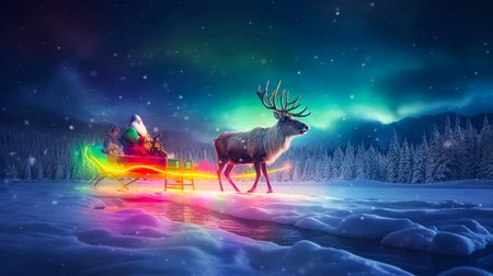 Santa Racing Across the Northern Lights. Generative AI.の素材