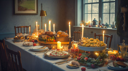 A table set for Christmas - A merry dinner scene. Generative AI.の素材