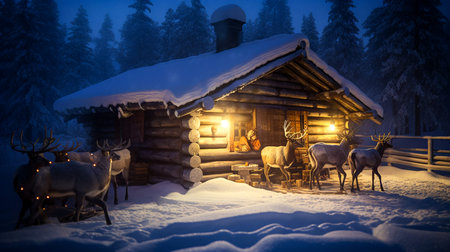 Santa's Cottage in the Snow with Reindeer. Generative AI.の素材