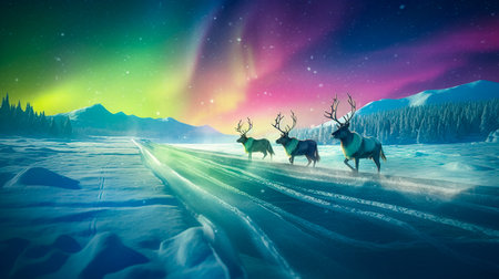 A Frozen Winter Lake, The Magical Aurora and The Reindeers. Generative AI.の素材