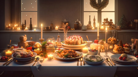 A Delicious Christmas dinner spread. Generative AI.の素材