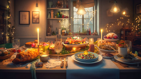 Festive feast - A Christmas dinner scene. Generative AI.の素材